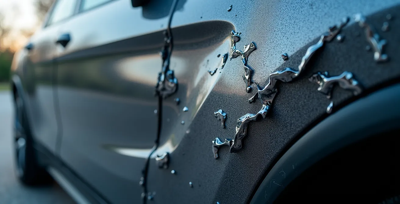 Extreme close-up of vehicle damage being analyzed through AI-powered assessment technology