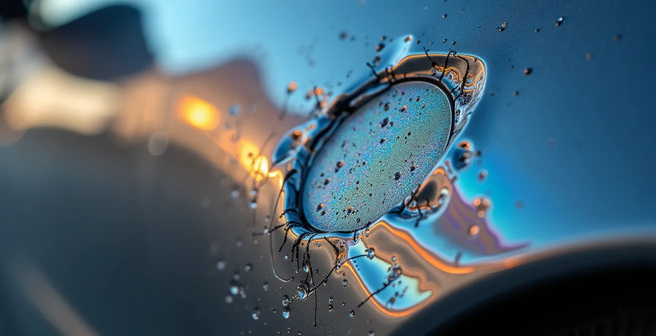 Extreme close-up of vehicle surface damage texture analysis