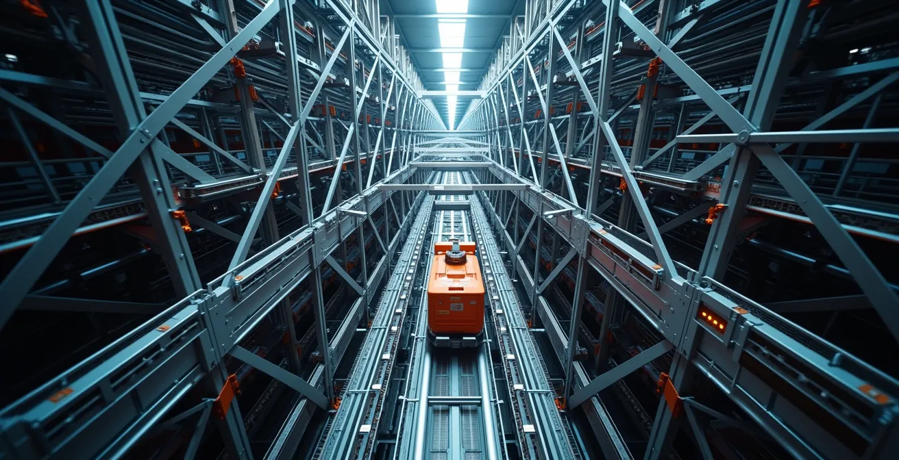 High-bay automated storage and retrieval system in modern industrial facility