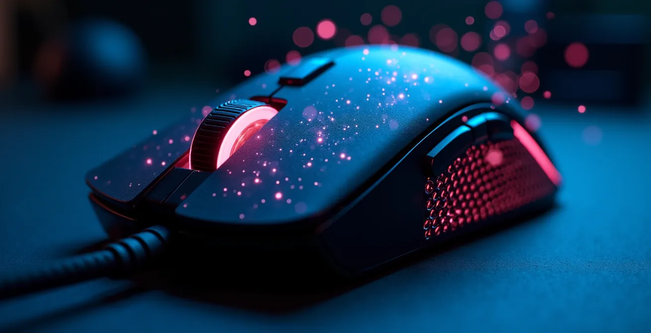 Macro shot of computer mouse with digital tracking patterns showing behavioral analysis