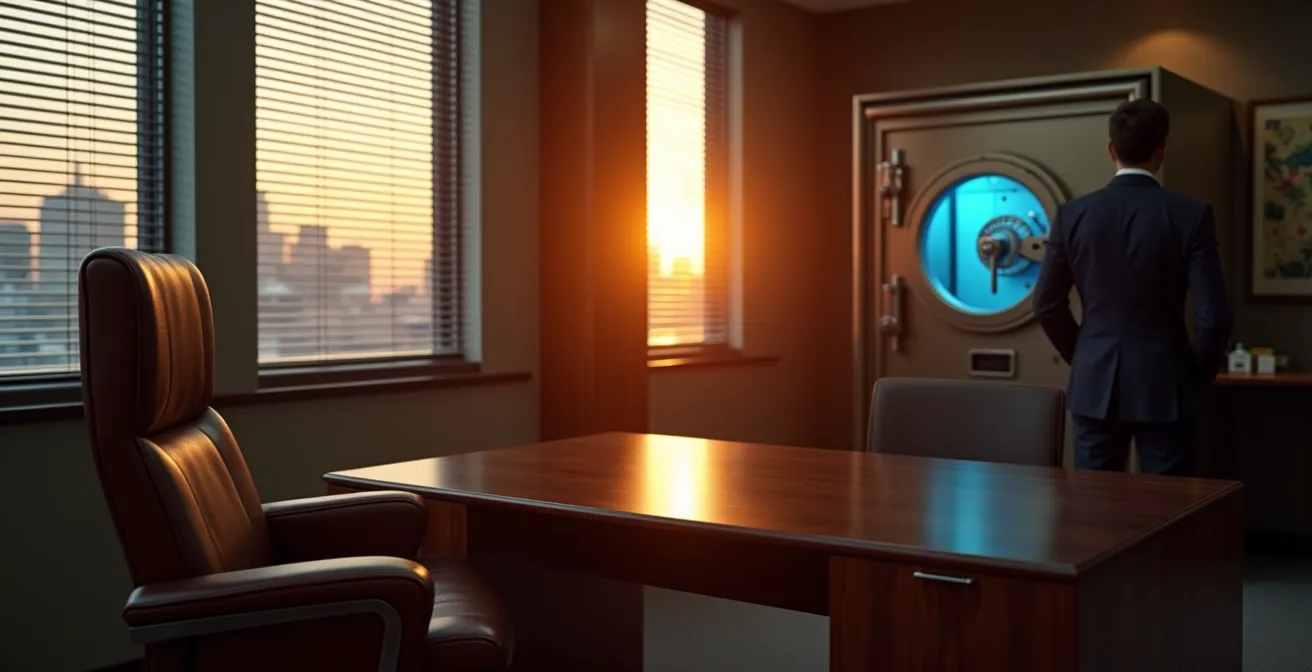 Wide shot of an empty executive office at dawn, with a secure vault door in the background, suggesting both absence and operational continuity.