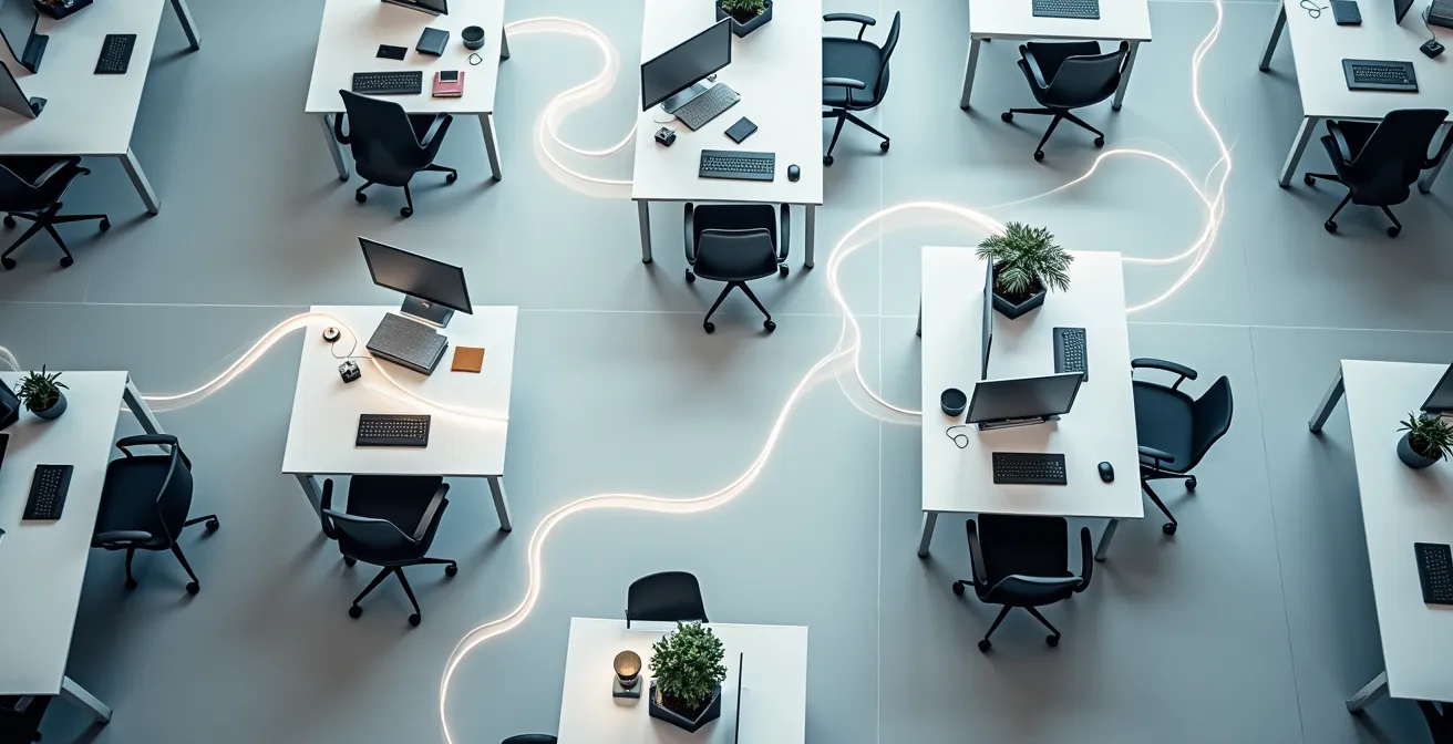 Abstract visualization of continuous data flow in modern finance office