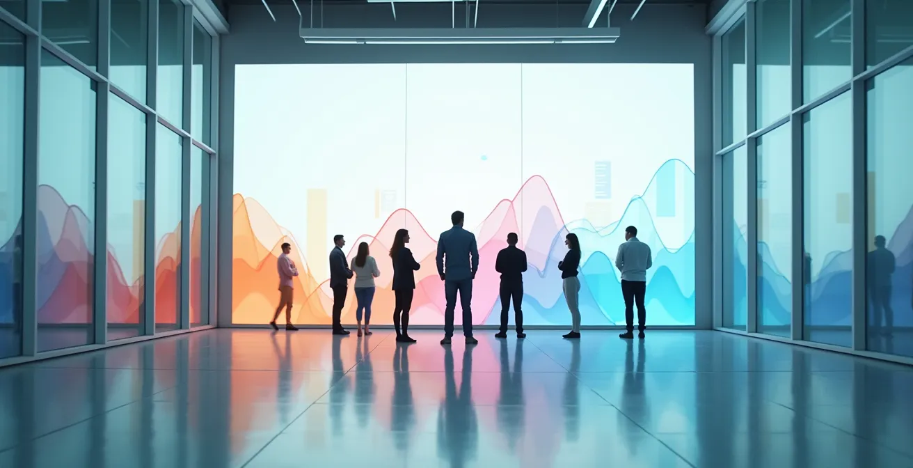 Business team analyzing funding momentum charts on wall display