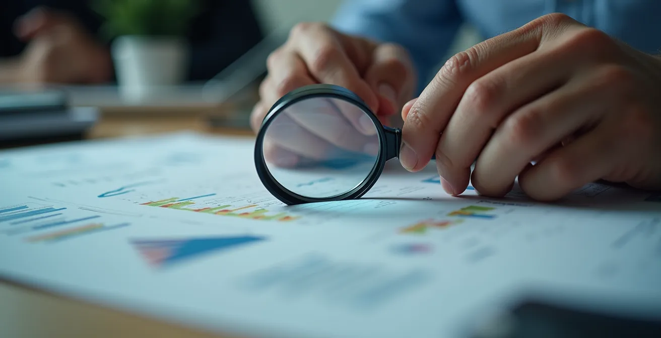 A professional examining historical financial data patterns through a magnifying glass, symbolizing the concept of financial archaeology.