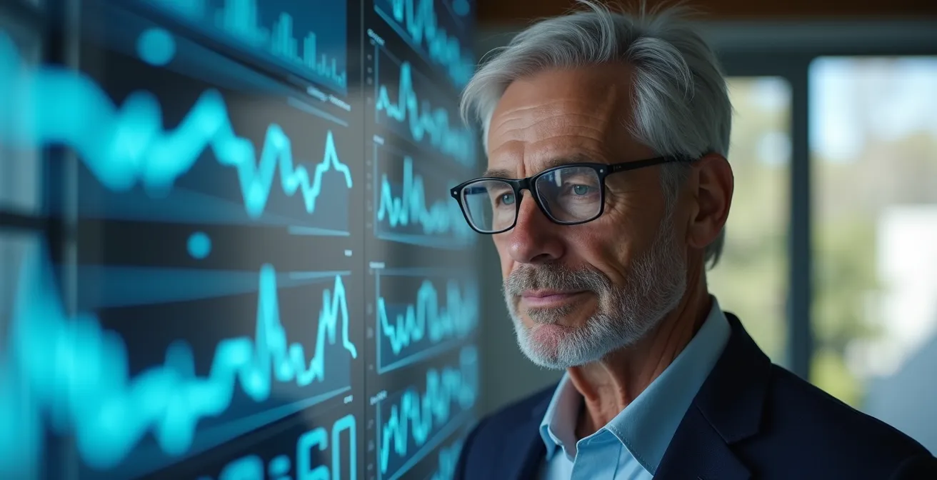 Executive reviewing holographic data visualizations in modern office