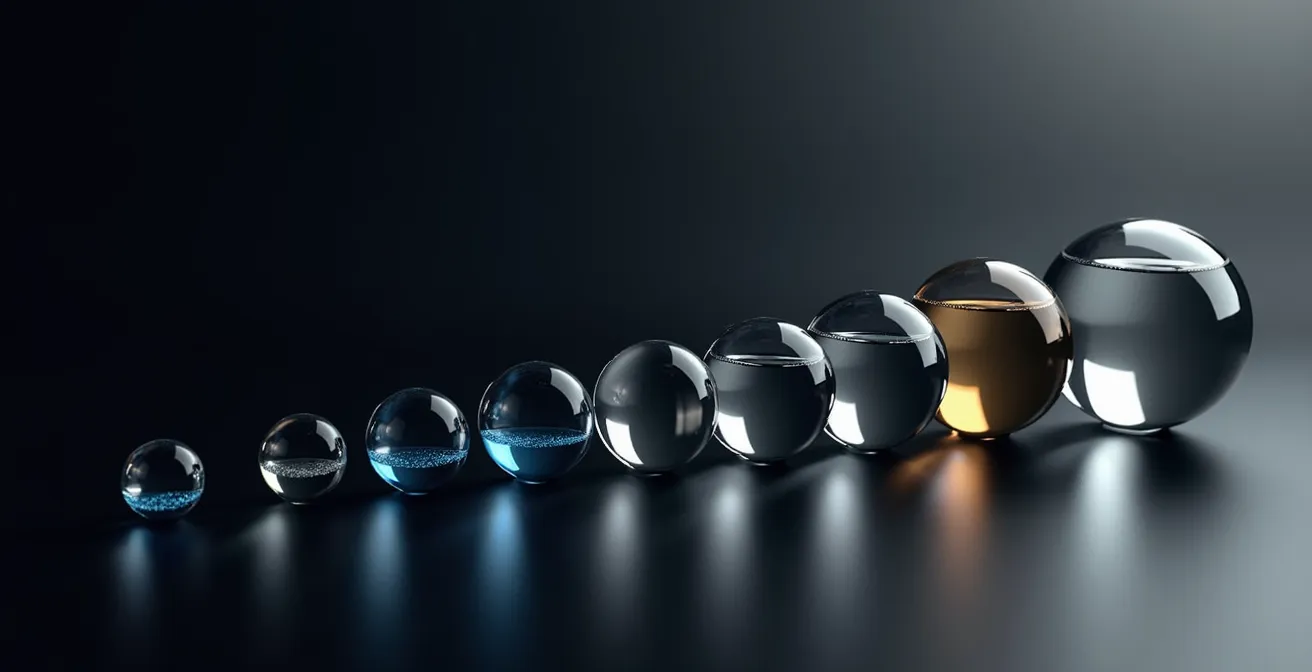 Abstract visualization of an adaptive KYC waterfall, showing glass spheres flowing through multiple pathways and decision points.