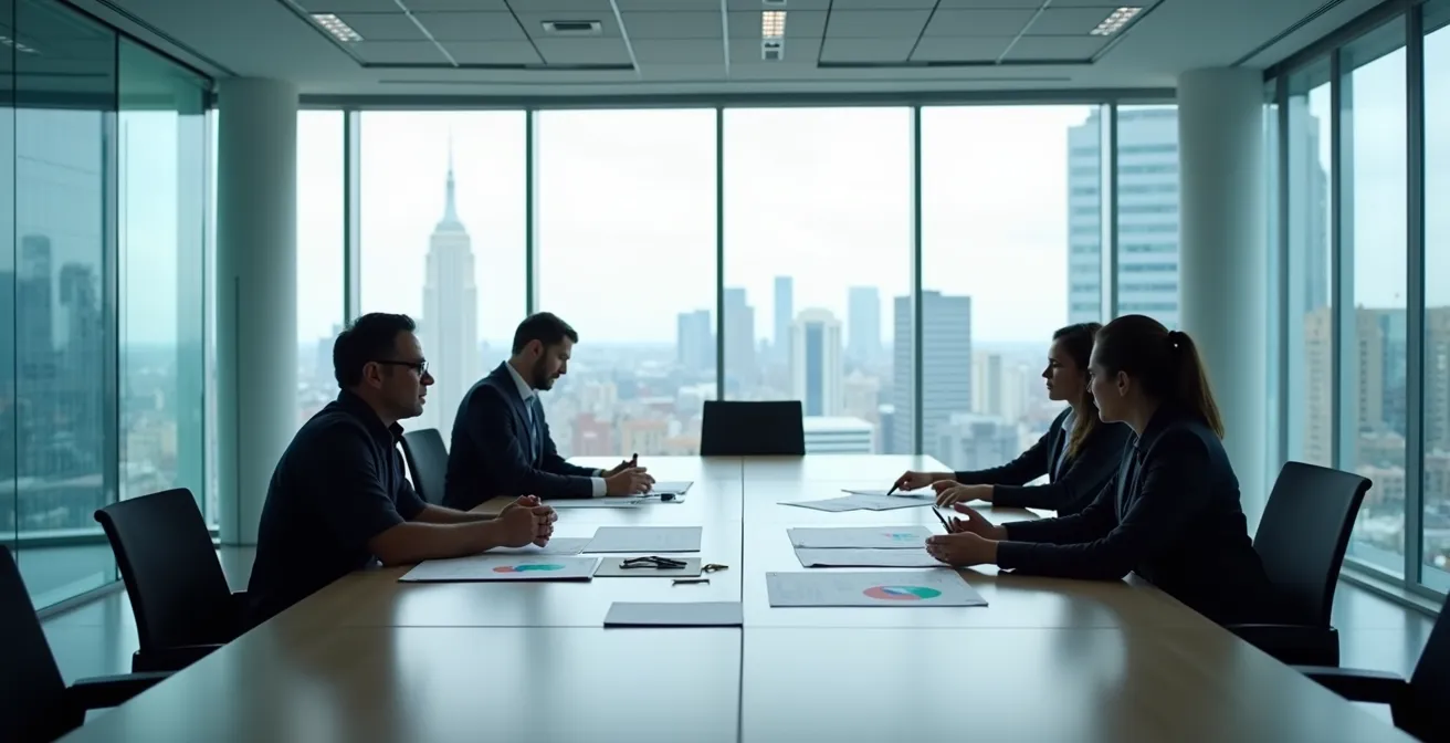 Business executives reviewing risk assessment documents in modern office