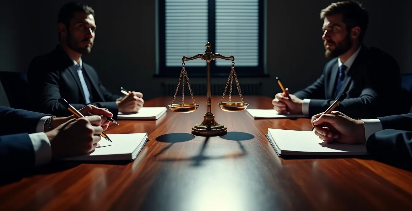 Business executives in serious discussion around conference table reviewing risk documents