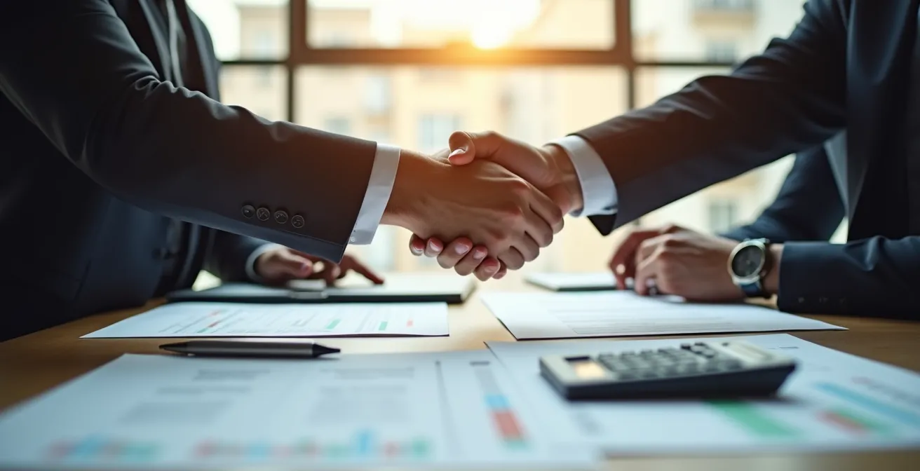 Business professionals negotiating commodity contracts in modern office