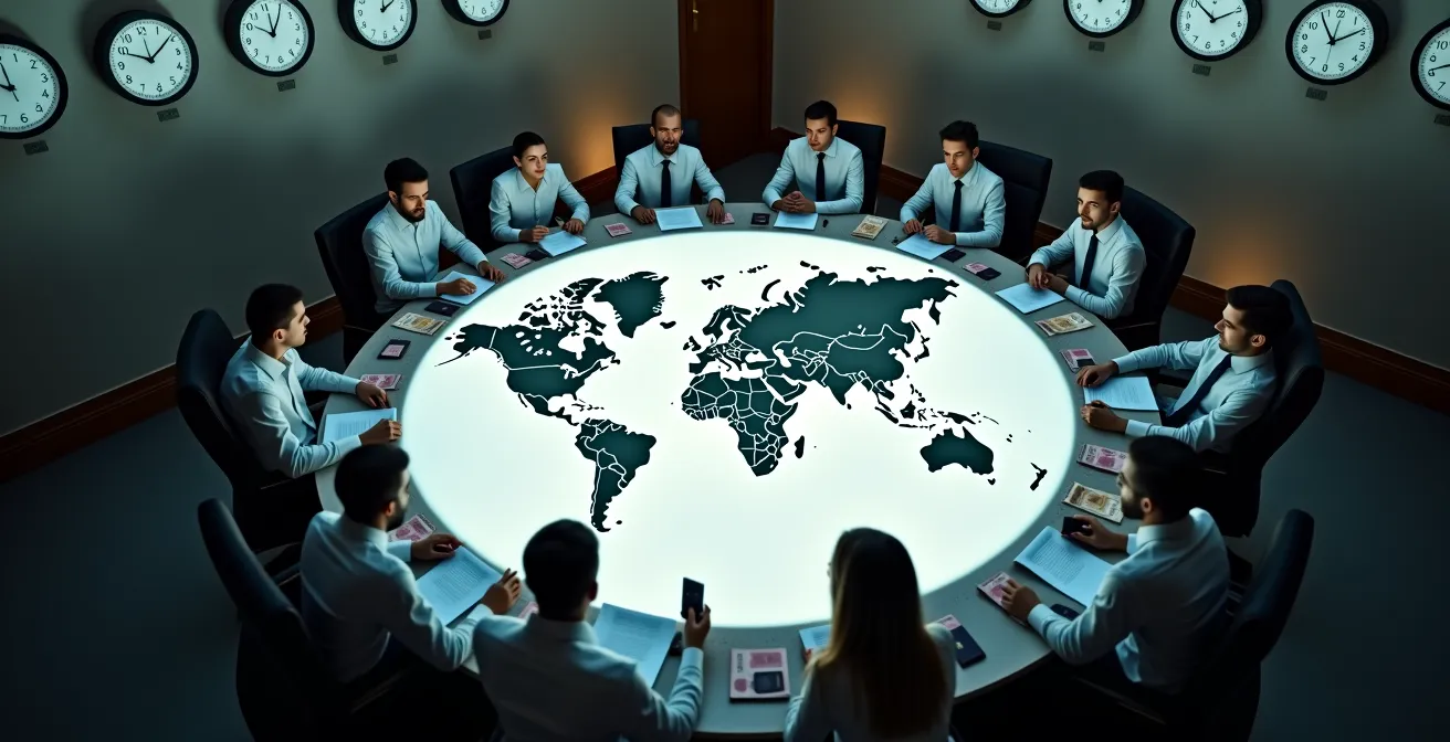 Executive team planning international market entry with world map visualization