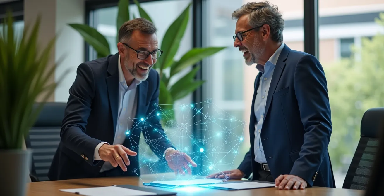 Finance professionals collaborating with abstract AI visualization in modern workspace