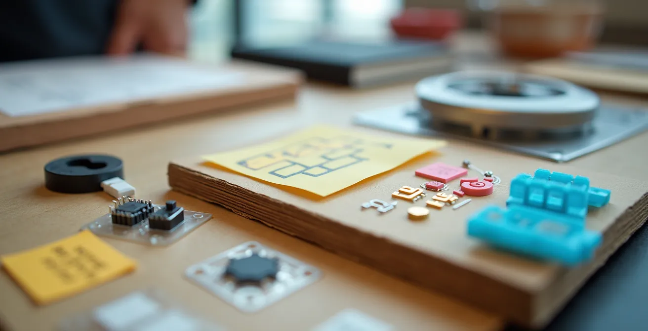 Macro shot of innovation prototype materials and tools in experimental workspace