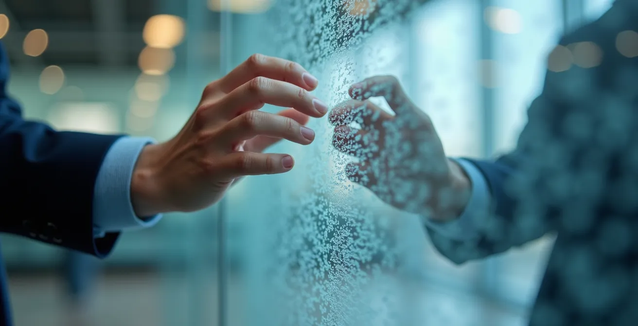 Close-up of hands gesturing over abstract waterfall patterns representing revenue flow