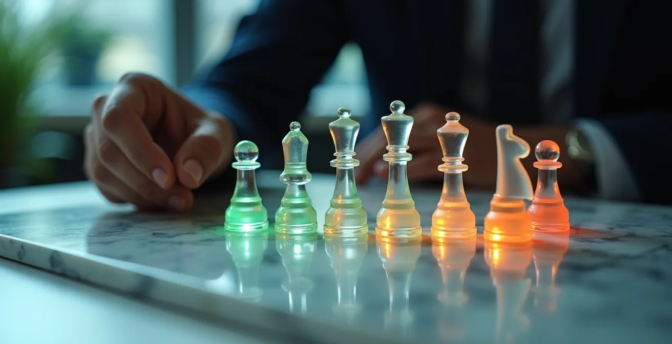 Executive reviewing multi-tiered KPI framework with resource allocation metrics