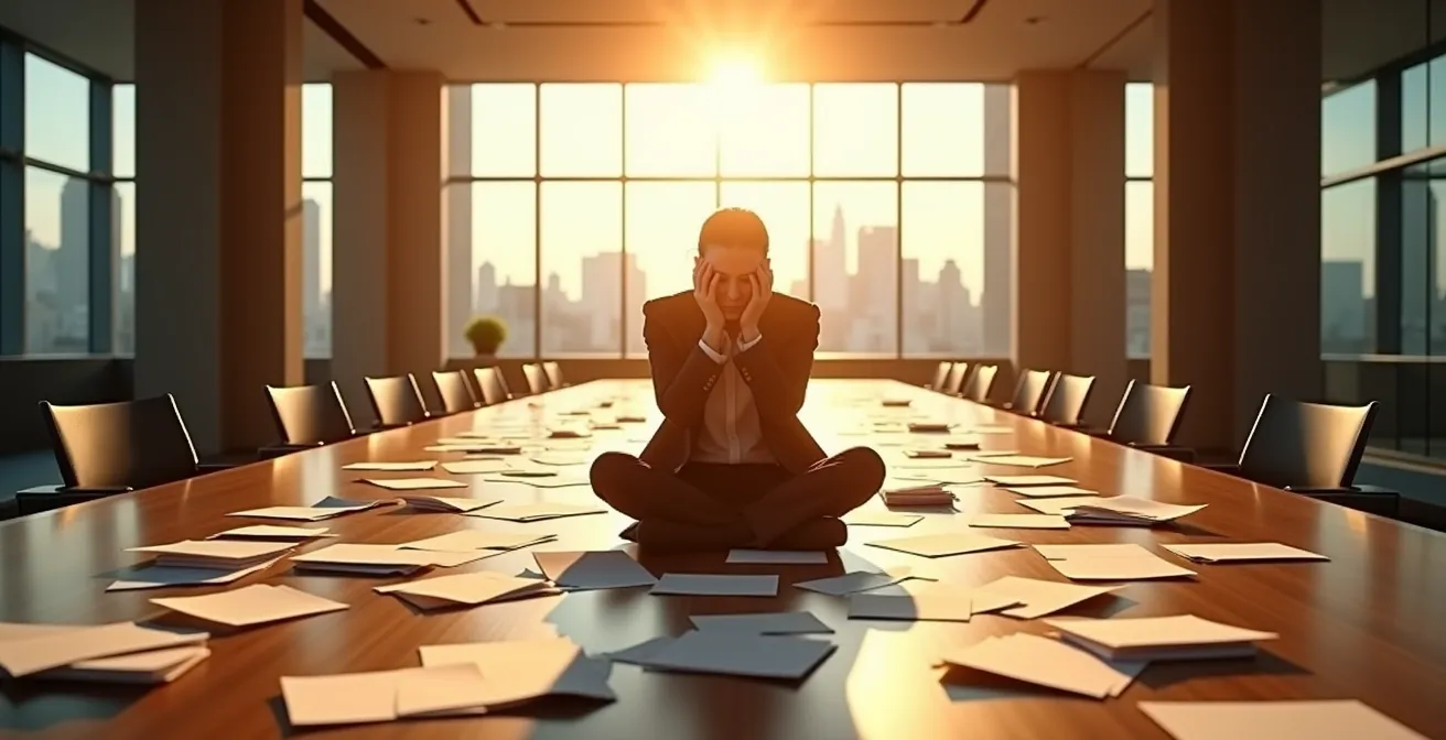 Visual metaphor of leadership burnout showing an Atlas-like figure struggling with a corporate burden