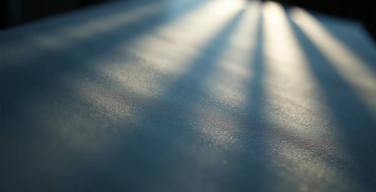 Extreme close-up of paper texture with abstract light patterns suggesting data flow