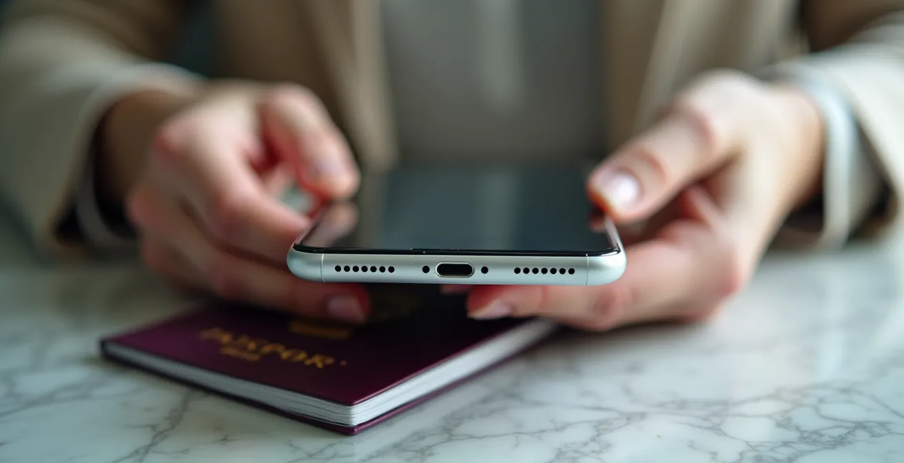 Close-up view of hands holding a smartphone near a passport, demonstrating contactless verification technology for instant KYC.