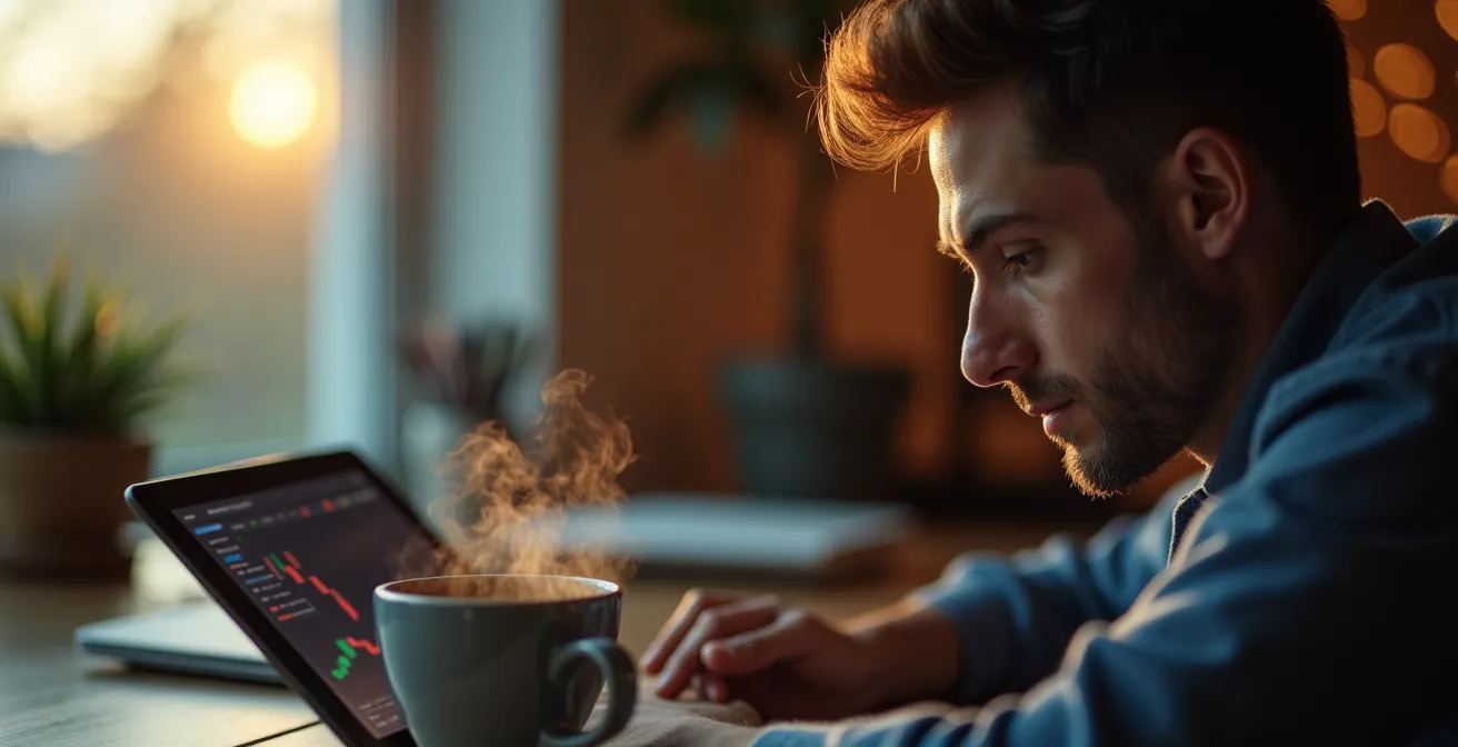 Investor studying market timing charts with coffee in hand during early morning trading hours
