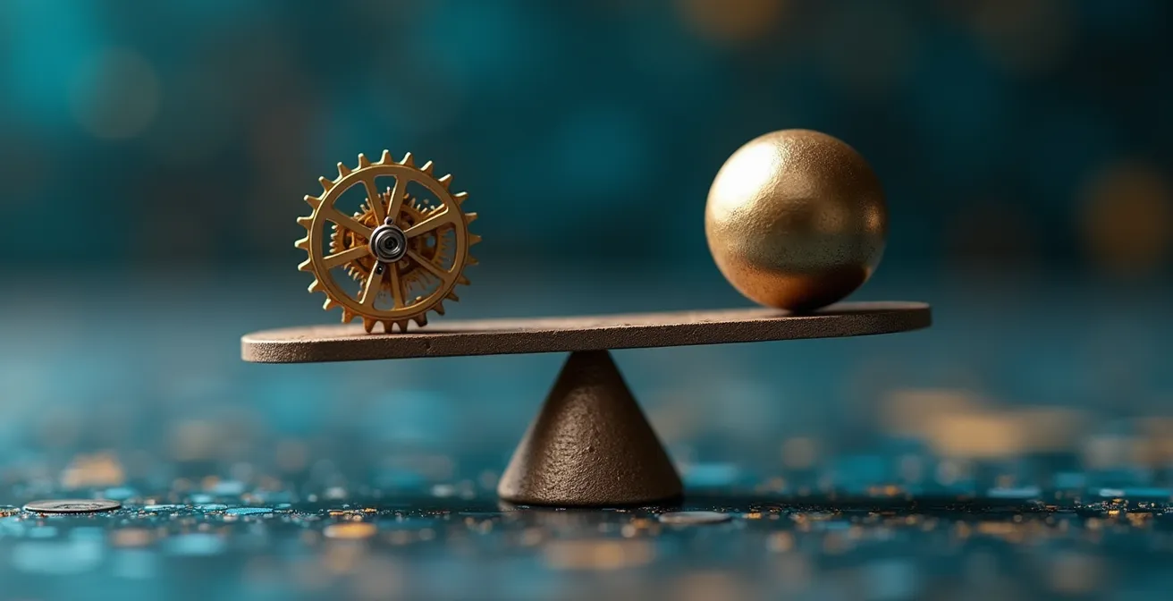 A balance scale with intricate gears on one side and a simple sphere on the other, visualizing the balance between model complexity and simplicity.