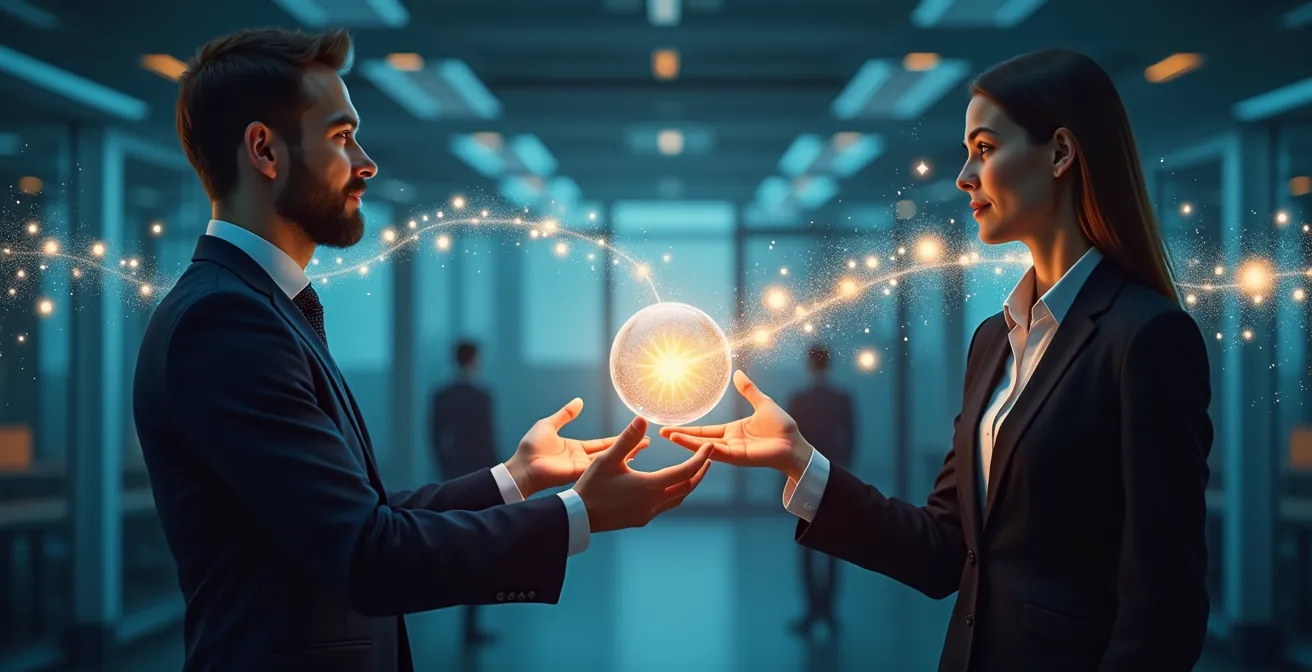 Employees engaged in collaborative peer learning and knowledge sharing session