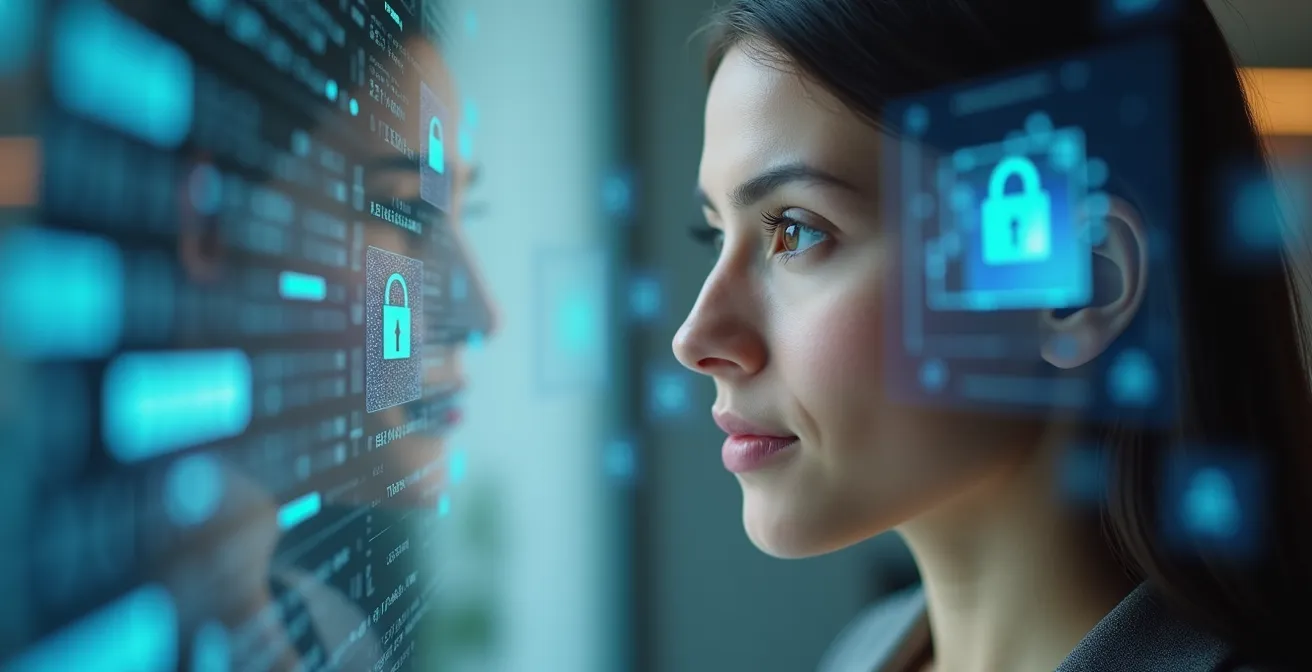 Conceptual visualization of secure data flow with privacy protection layers