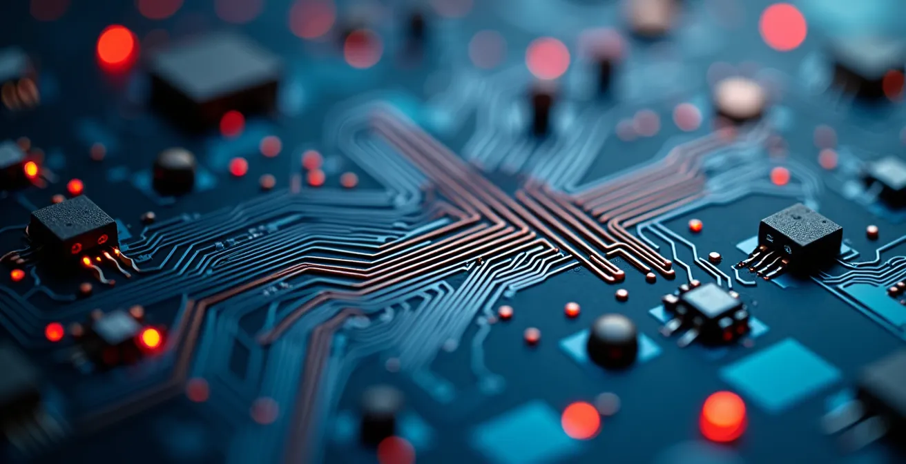 A macro-level visualization of a circuit board, with one broken trace glowing red to symbolize a security vulnerability like a reentrancy attack.