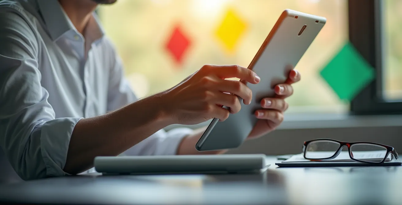 A business professional carefully reviewing a smart contract audit report on a tablet, with risk assessment visualizations in the background.