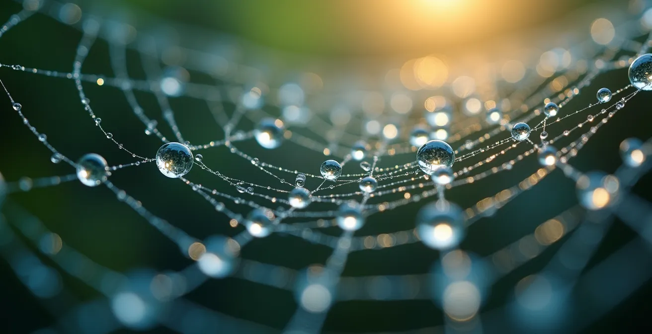 Macro shot of interconnected water droplets forming a network pattern
