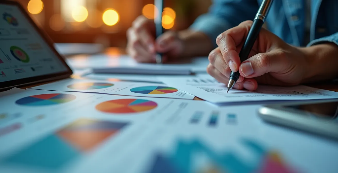 Close-up view of hands analyzing conversion data on various devices