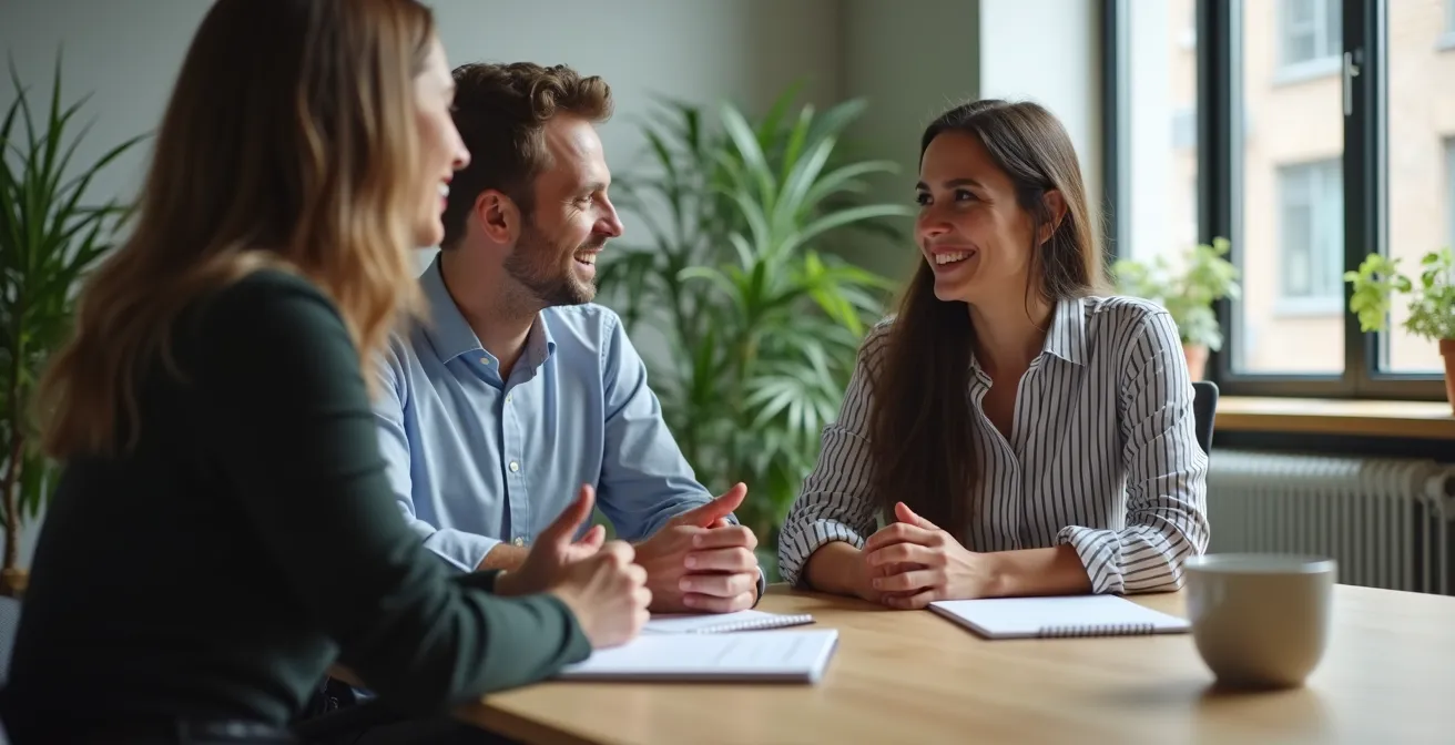 Manager and employee in a focused one-on-one discussion in a modern office setting, demonstrating a stay interview.