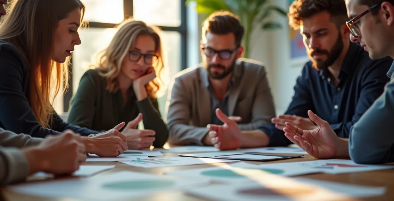 Business team evaluating strategic options in meeting room