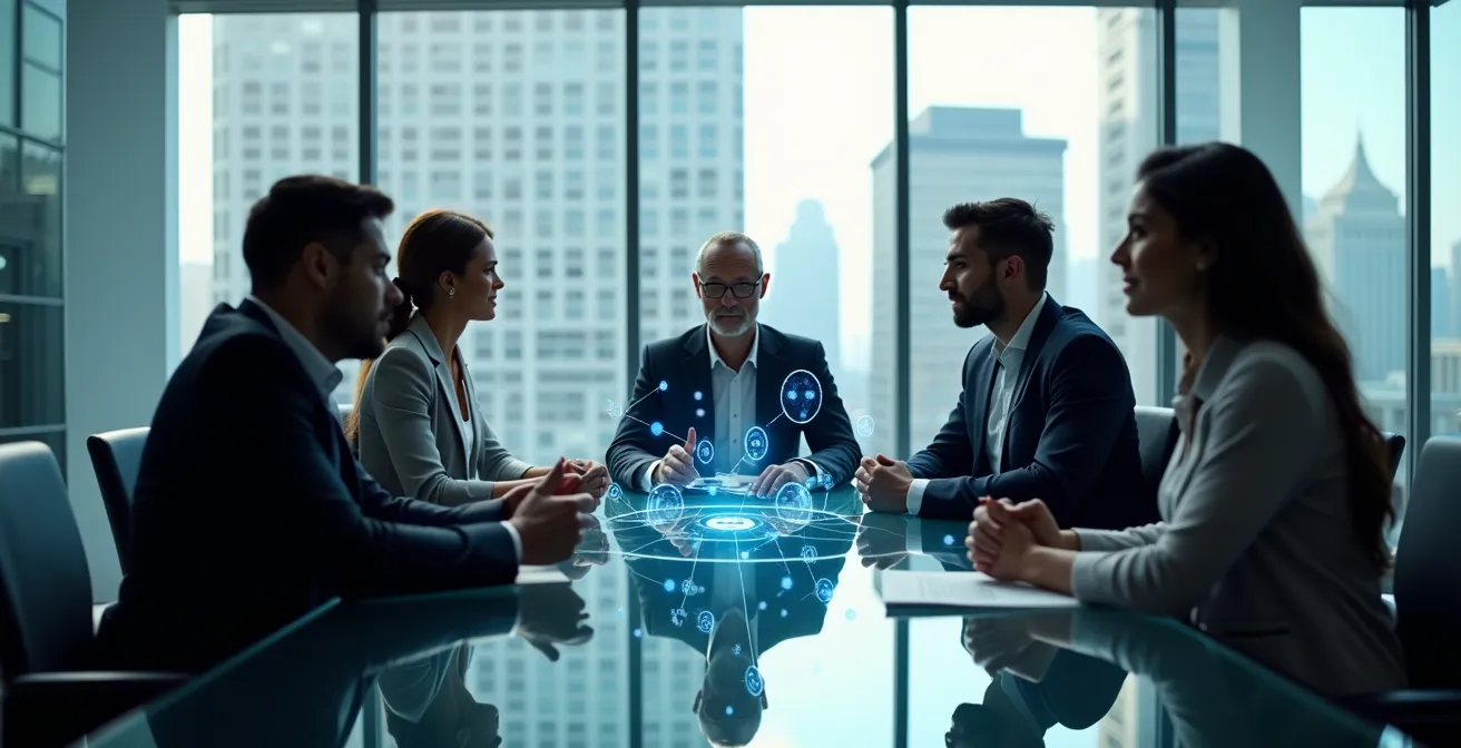 Business executives analyzing trust model flowchart for blockchain adoption decision