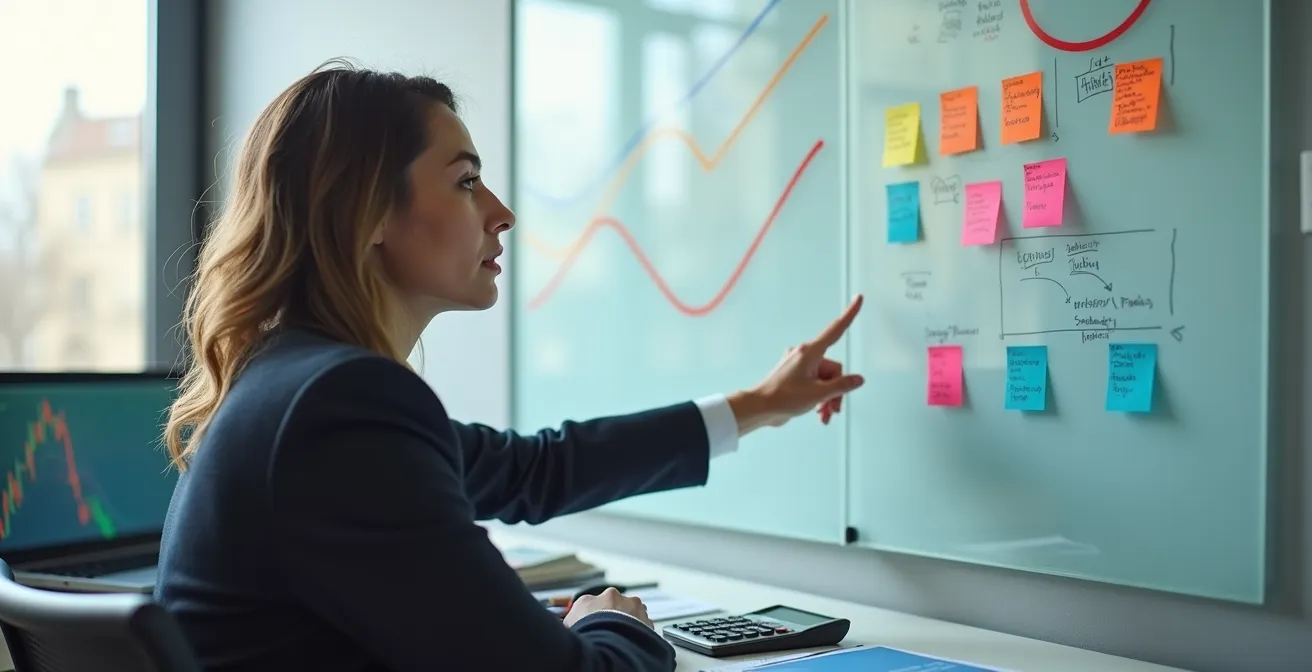 Financial analyst working with complex WACC models on multiple monitors